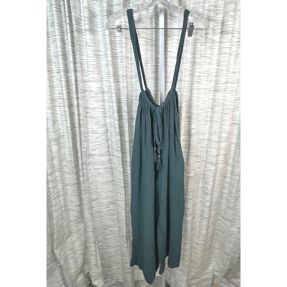 Free People Teal Green Cotton Gauze‎ Wide Leg Tassel Jumpsuit XS OB1093437